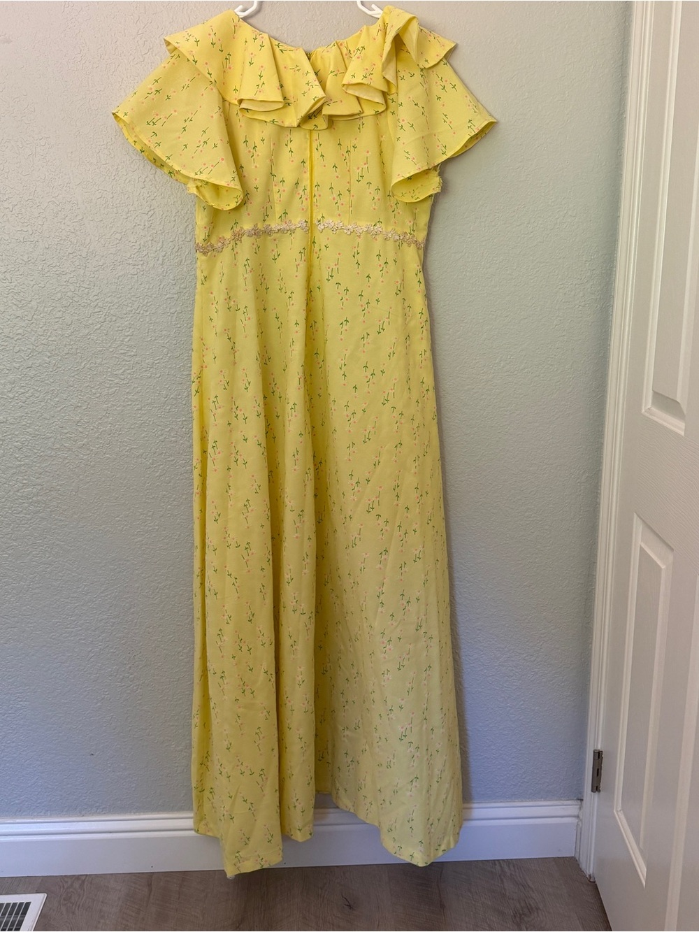 Vintage 1960s 1970s Sunny Yellow Ruffle Neck Maxi Dress - Picture 3 of 9